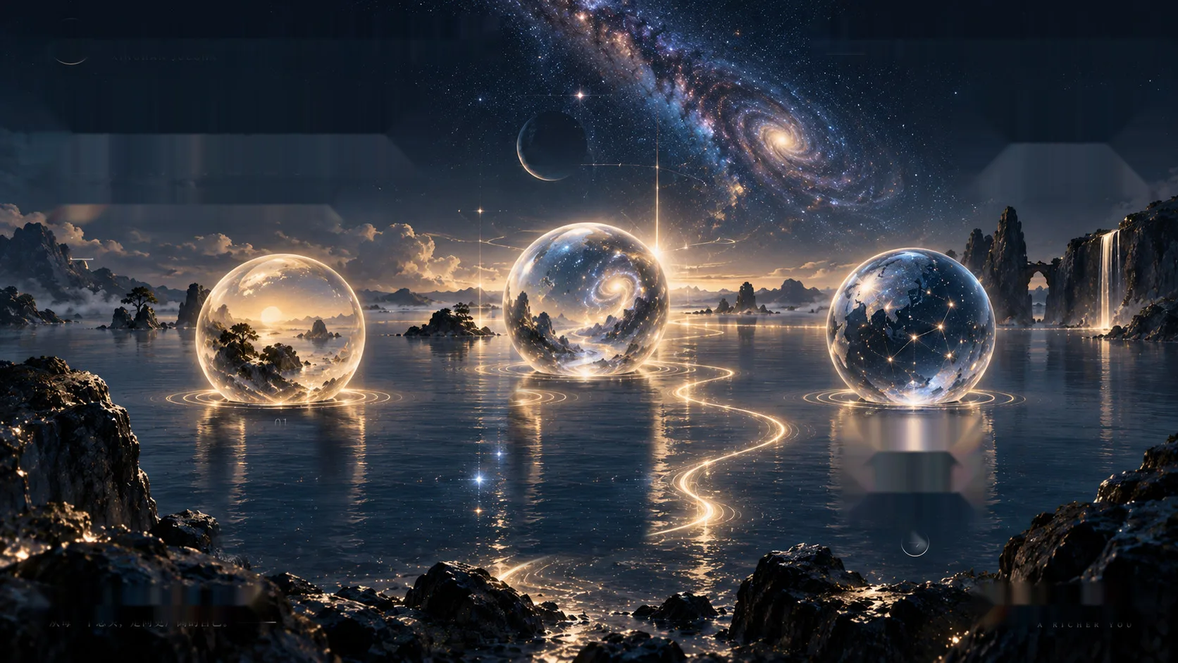 星河、山海与水面之上，三颗光球分别代表此刻、沿途与星图，暖金色光路彼此连通